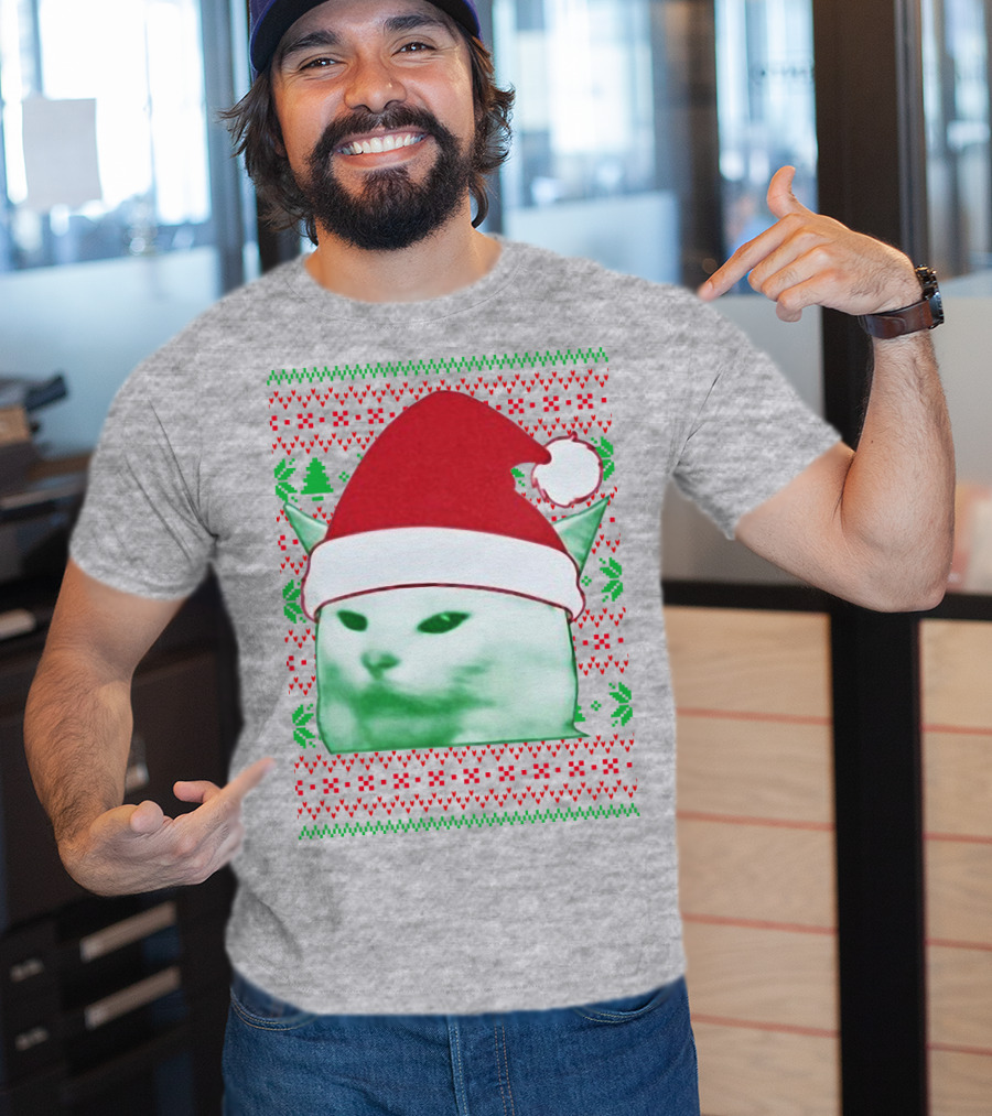 Santa Hat Cat Meme Christmas Pattern Raglan T-Shirt