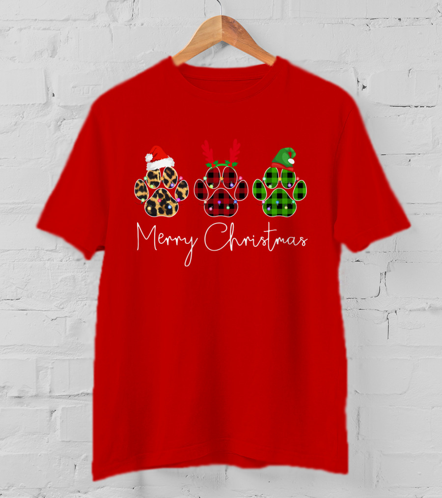 Merry Christmas Plaid Leopard Paw Santa Hat Reindeer Antlers Green Elf Hat T-Shirt
