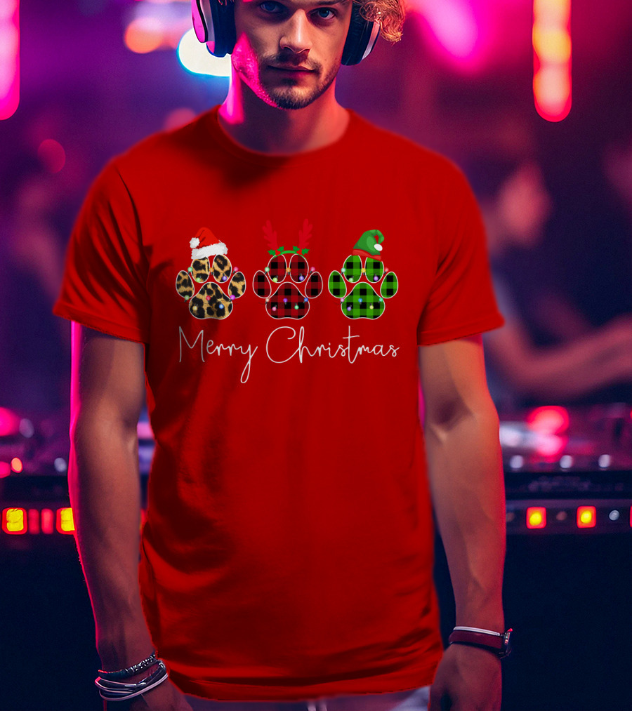Merry Christmas Plaid Leopard Paw Santa Hat Reindeer Antlers Green Elf Hat T-Shirt