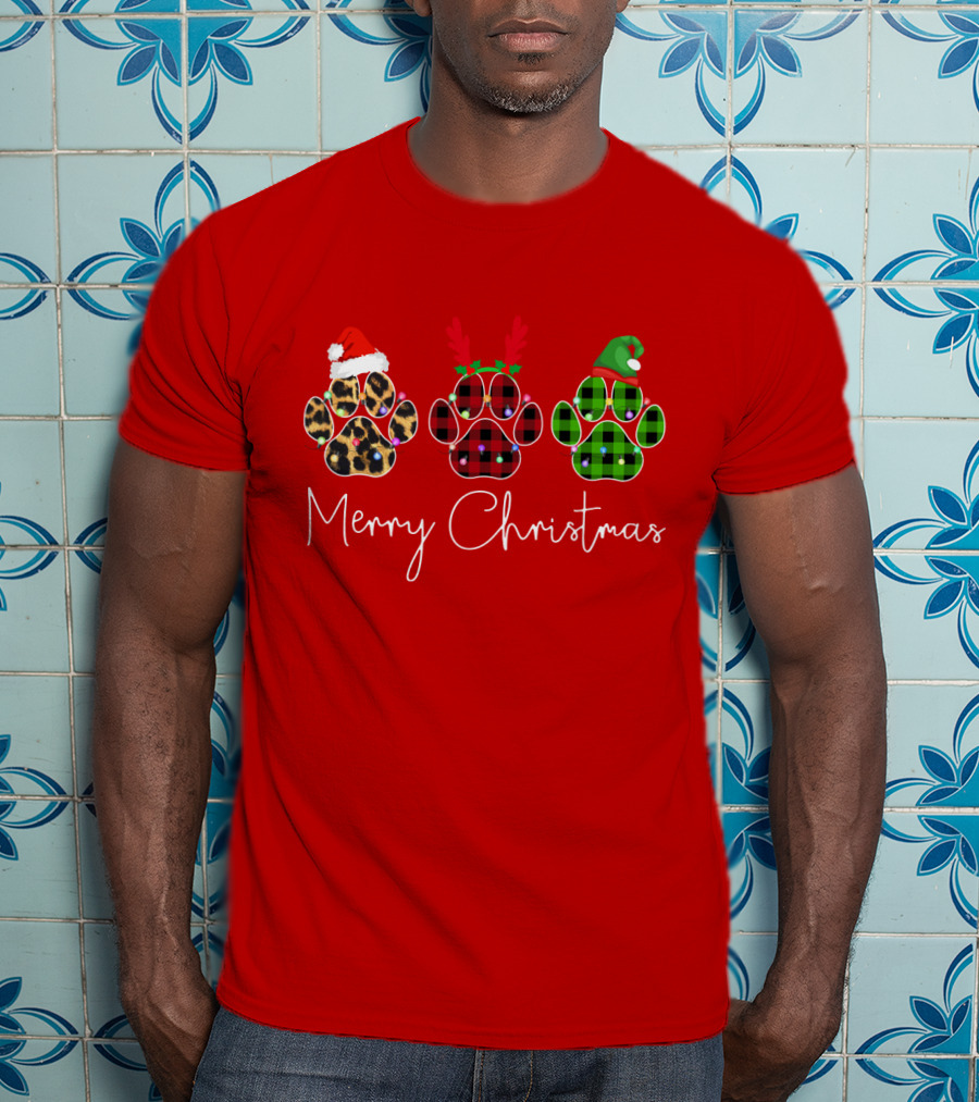 Merry Christmas Plaid Leopard Paw Santa Hat Reindeer Antlers Green Elf Hat T-Shirt