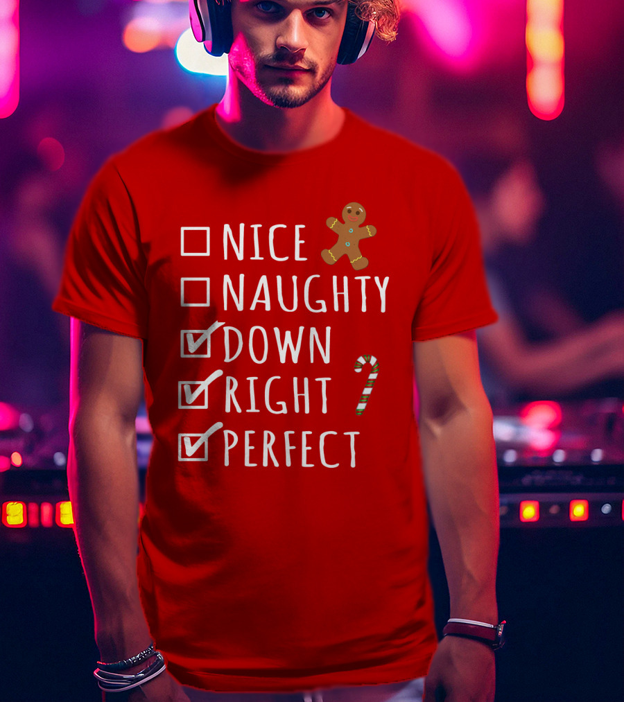 Nice Naughty Down Right Perfect Gingerbread Candy Cane Holiday Checklist T-Shirt