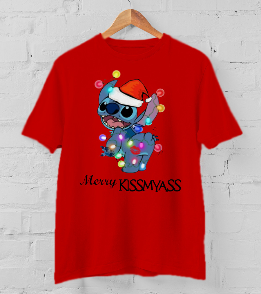 Merry Kissmyass Christmas Stitch Santa Hat Lights T-Shirt