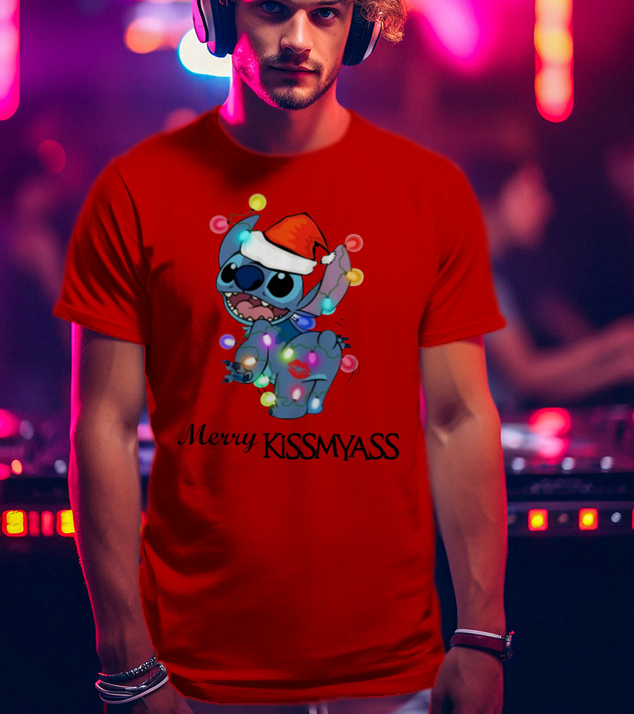 Merry Kissmyass Christmas Stitch Santa Hat Lights T-Shirt