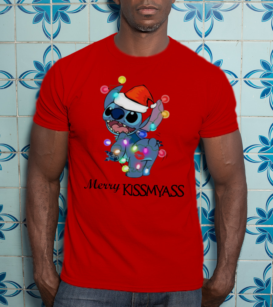 Merry Kissmyass Christmas Stitch Santa Hat Lights T-Shirt