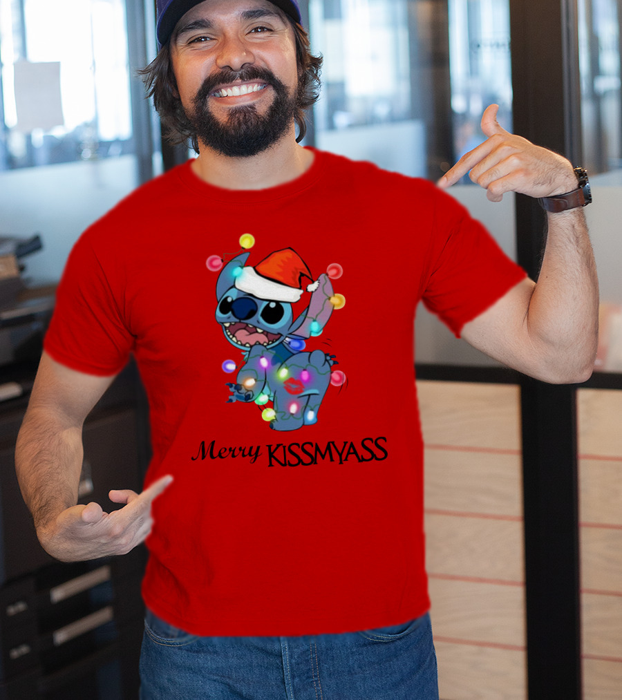 Merry Kissmyass Christmas Stitch Santa Hat Lights T-Shirt