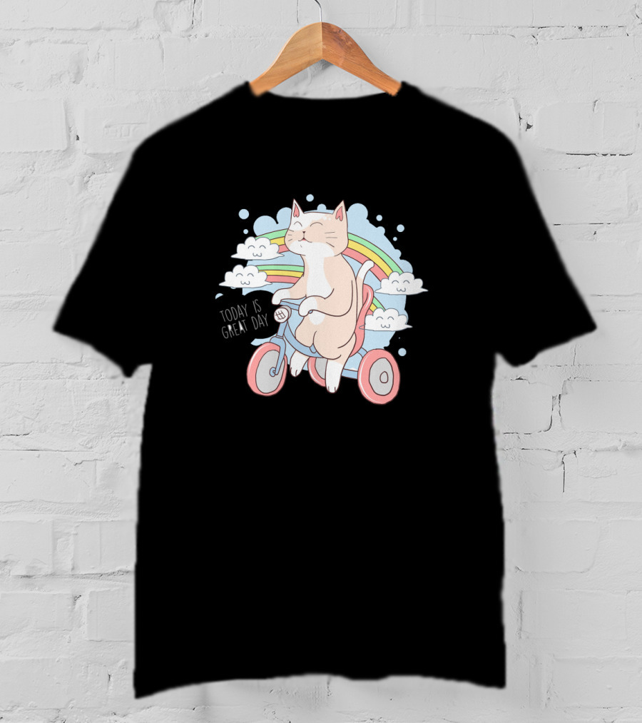 Cat On Bicycle With Rainbow Clouds And Positive Message Today Is Great Day T-Shirt