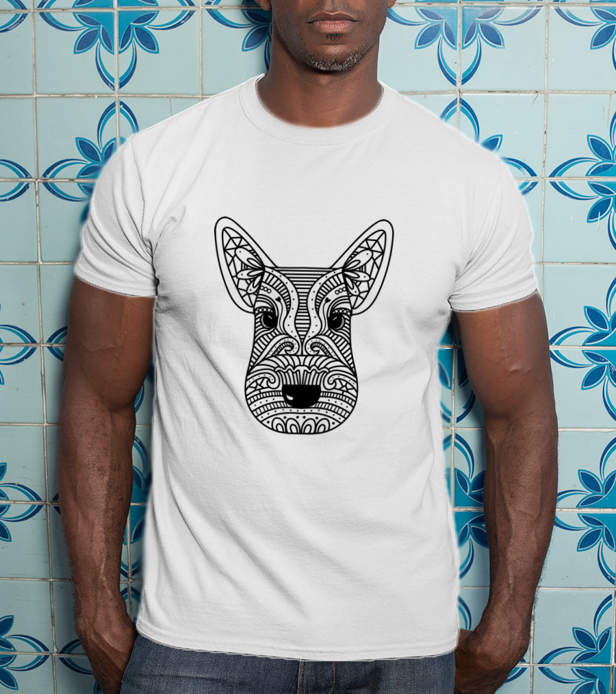Intricate Hand Drawn Black Line Dog Face T-Shirt