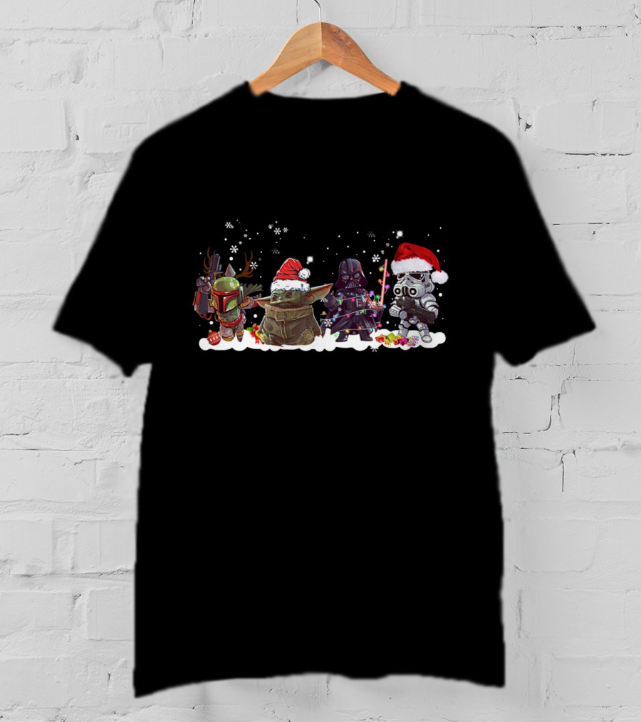 Boba Fett Baby Yoda Darth Vader And Stormtrooper Star Wars Christmas Santa Hats Snowflakes T-Shirt