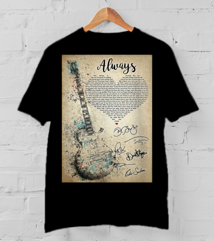 Always Bon Jovi Song Lyrics Guitar Art With Band Signatures T-Shirt