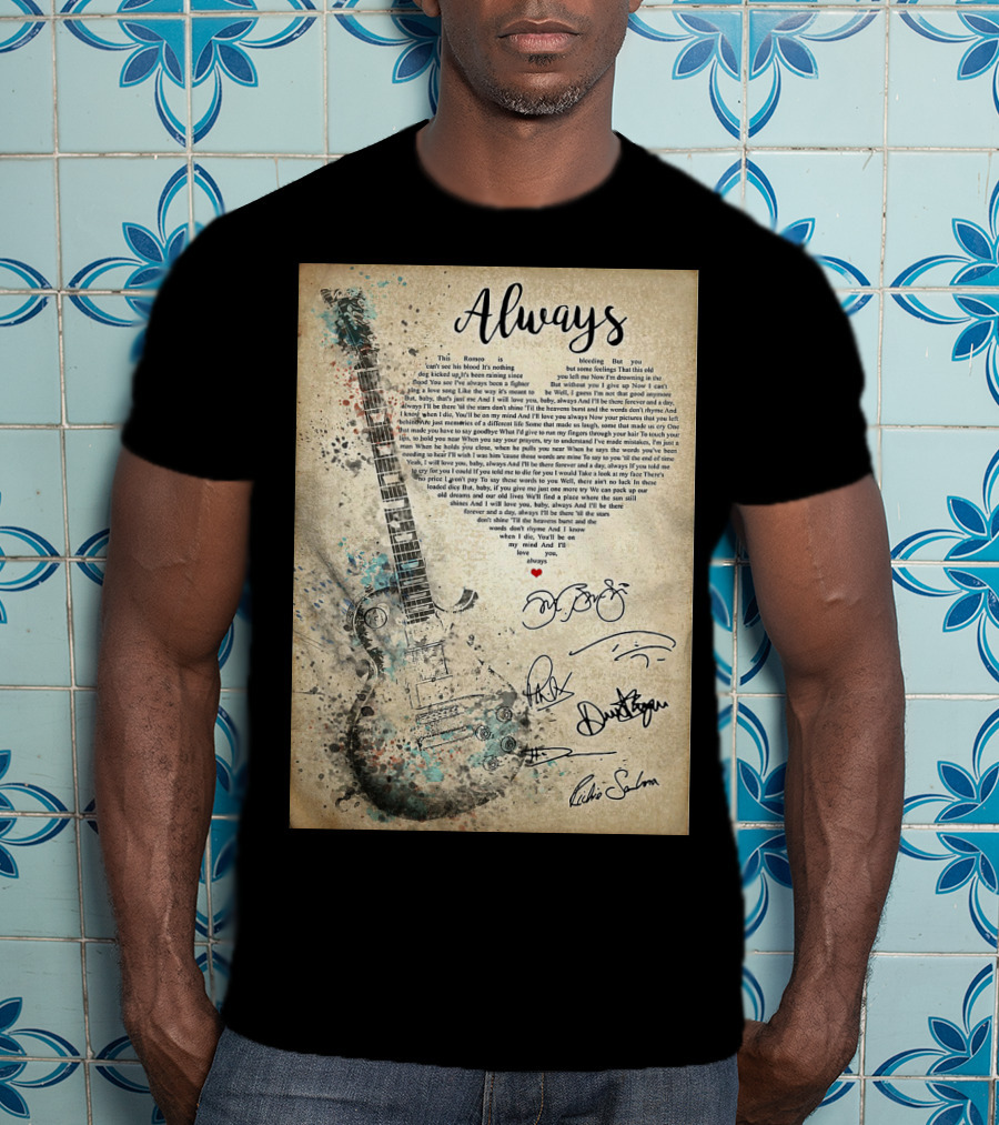 Always Bon Jovi Song Lyrics Guitar Art With Band Signatures T-Shirt