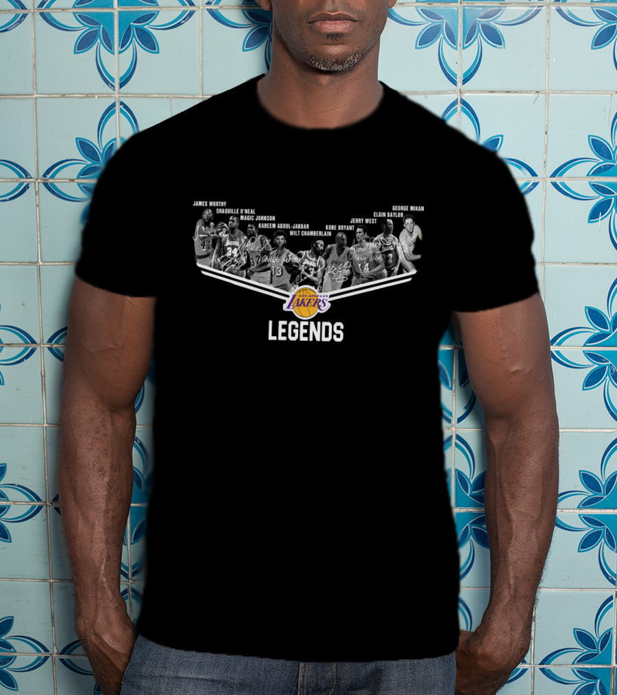 Los Angeles Lakers Legends Wilt Chamberlain Kareem Abdul-Jabbar Jerry West Magic Johnson Shaquille O'Neal Kobe Bryant James Worthy George Mikan Elgin Baylor Signature T-Shirt