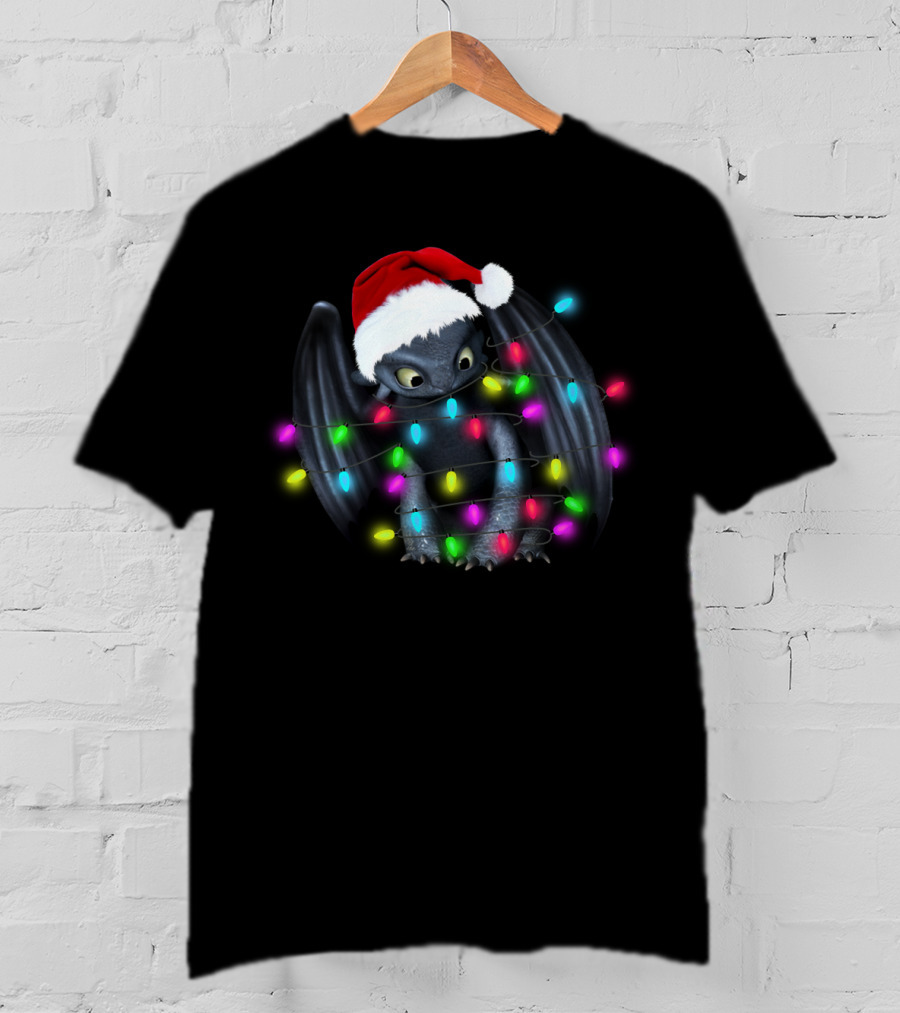 Toothless Wrapped In Colorful Christmas Lights And Santa Hat T-Shirt