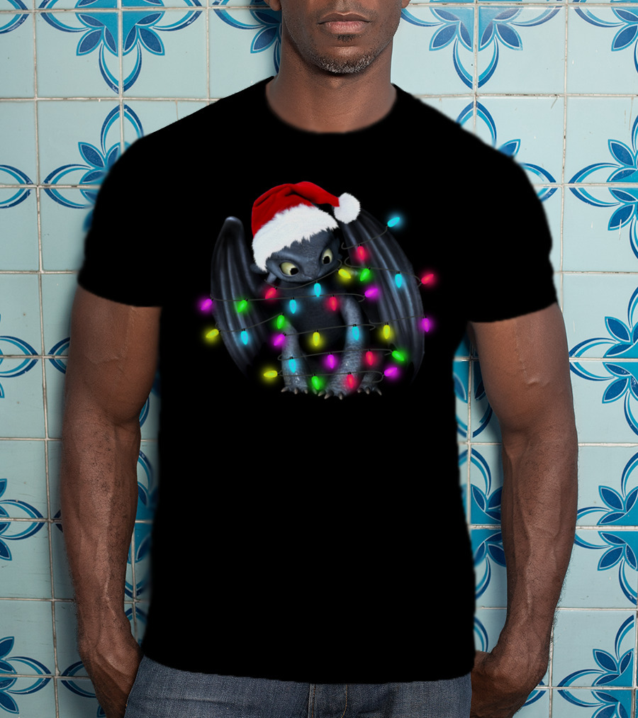 Toothless Wrapped In Colorful Christmas Lights And Santa Hat T-Shirt