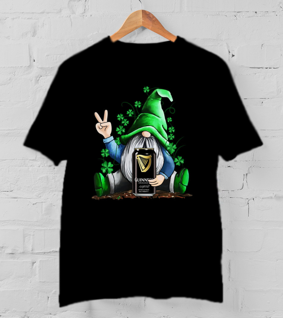 Guinness Can Holding Irish Gnome With Shamrocks Peace Sign St Patrick's Day T-Shirt