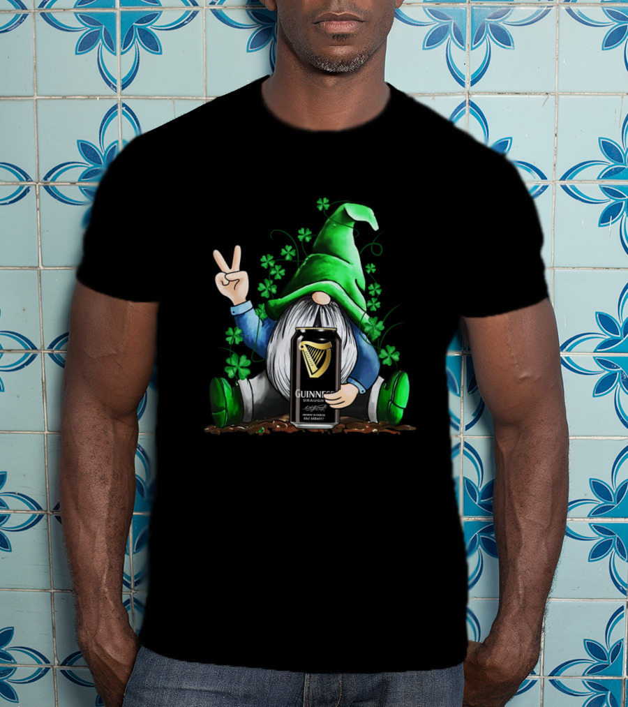Guinness Can Holding Irish Gnome With Shamrocks Peace Sign St Patrick's Day T-Shirt