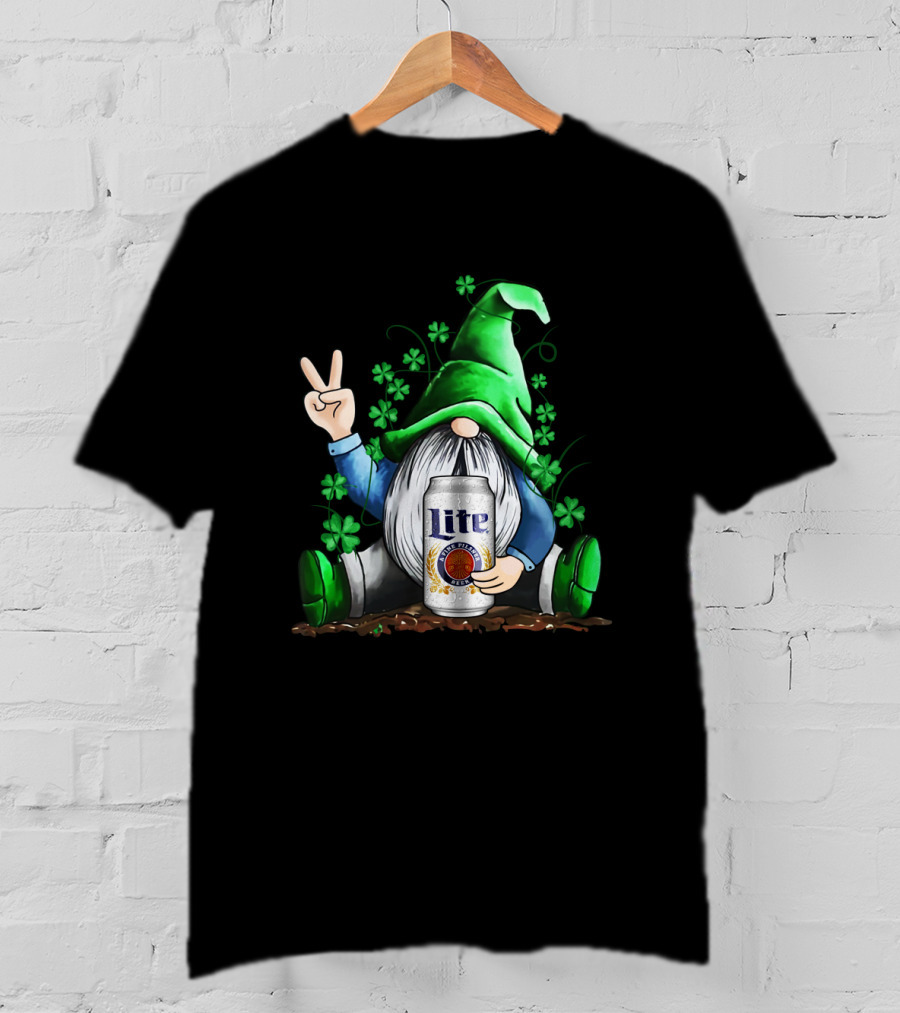 Miller Lite Irish Gnome Peace Sign Shamrocks St Patrick's Day T-Shirt