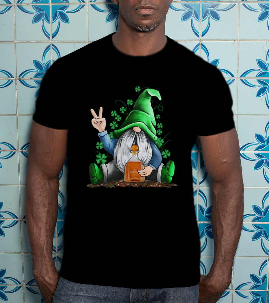 Patron Bottle Hug By Irish Gnome With Shamrocks For St Patrick's Day T-Shirt