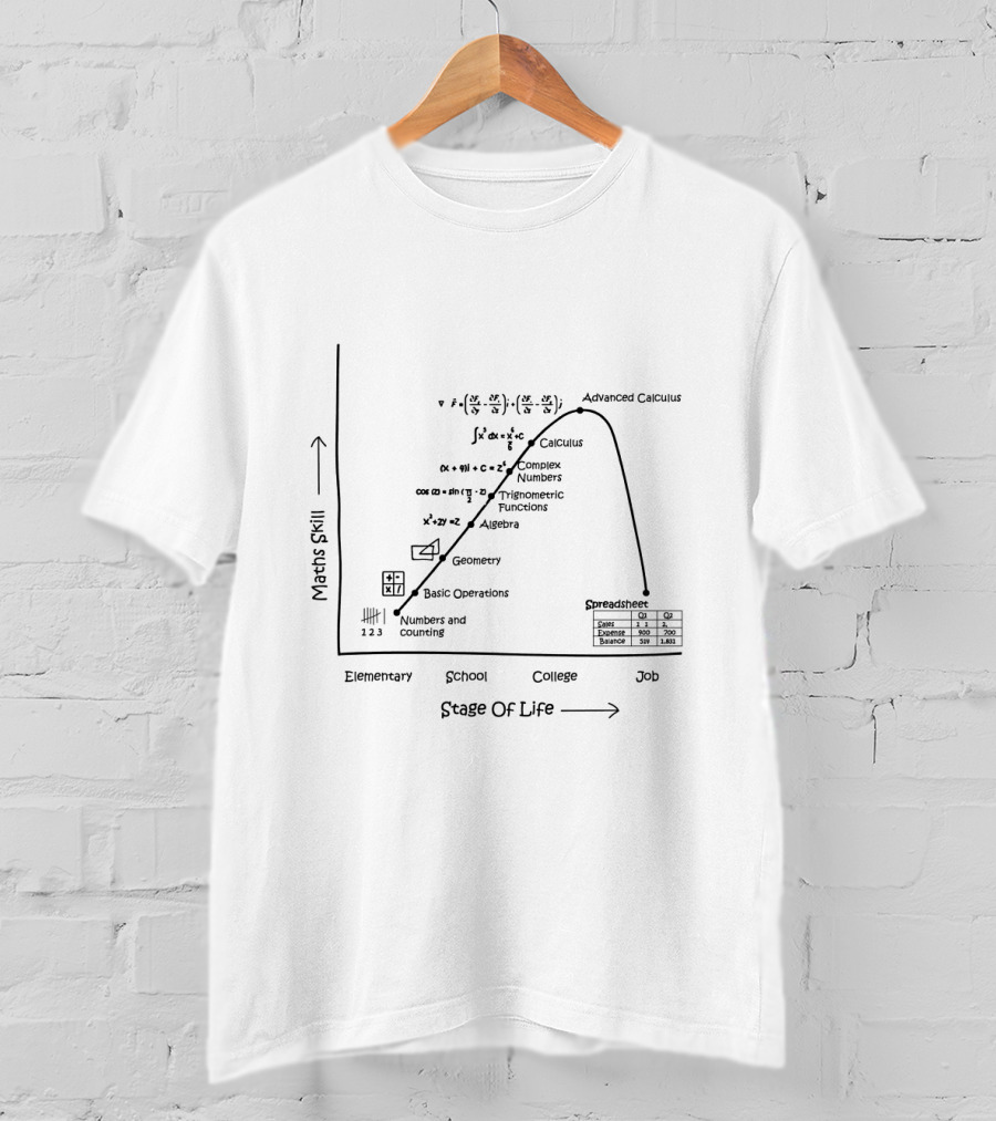 Maths Skill Progression From Elementary To Job With Numbers Geometry Algebra Calculus And Spreadsheets T-Shirt