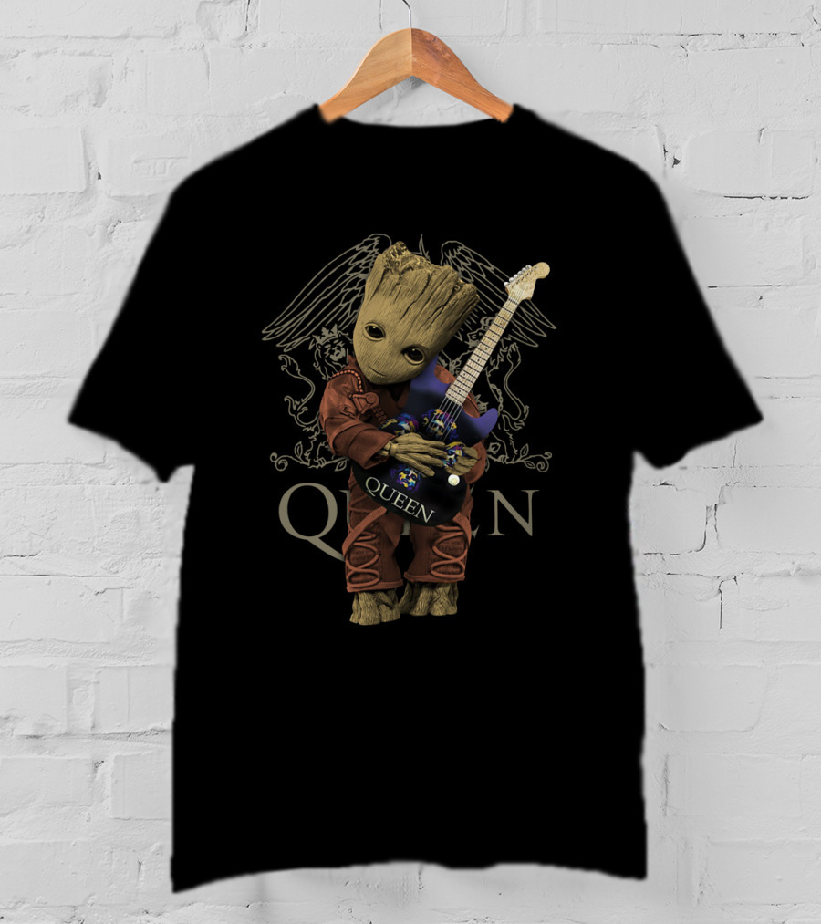 Baby Groot Hug Queen Band Iconic Guitar Wings T-Shirt