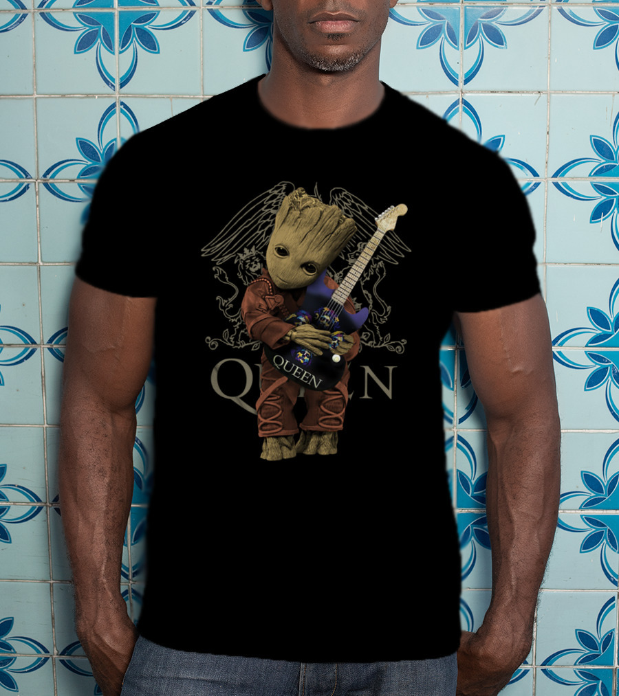 Baby Groot Hug Queen Band Iconic Guitar Wings T-Shirt