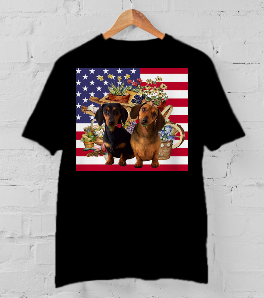 Daschund Flower Garden American Flag Backdrop Face Mask T-Shirt