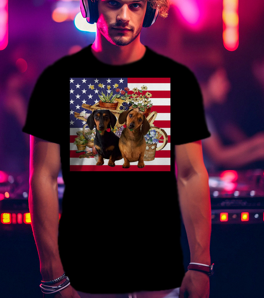 Daschund Flower Garden American Flag Backdrop Face Mask T-Shirt