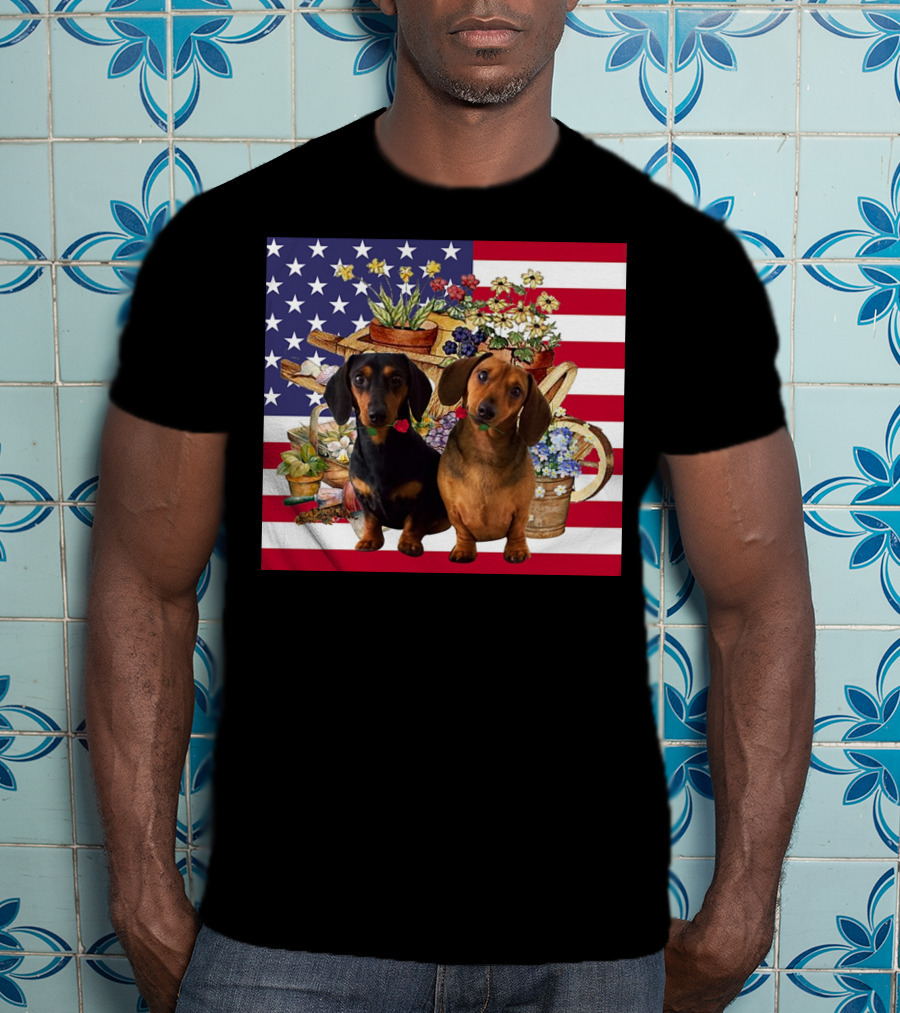 Daschund Flower Garden American Flag Backdrop Face Mask T-Shirt