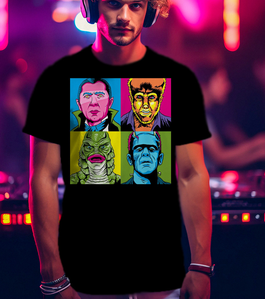 Dracula Frankenstein Wolfman Creature Horror Pop Art Icons T-Shirt