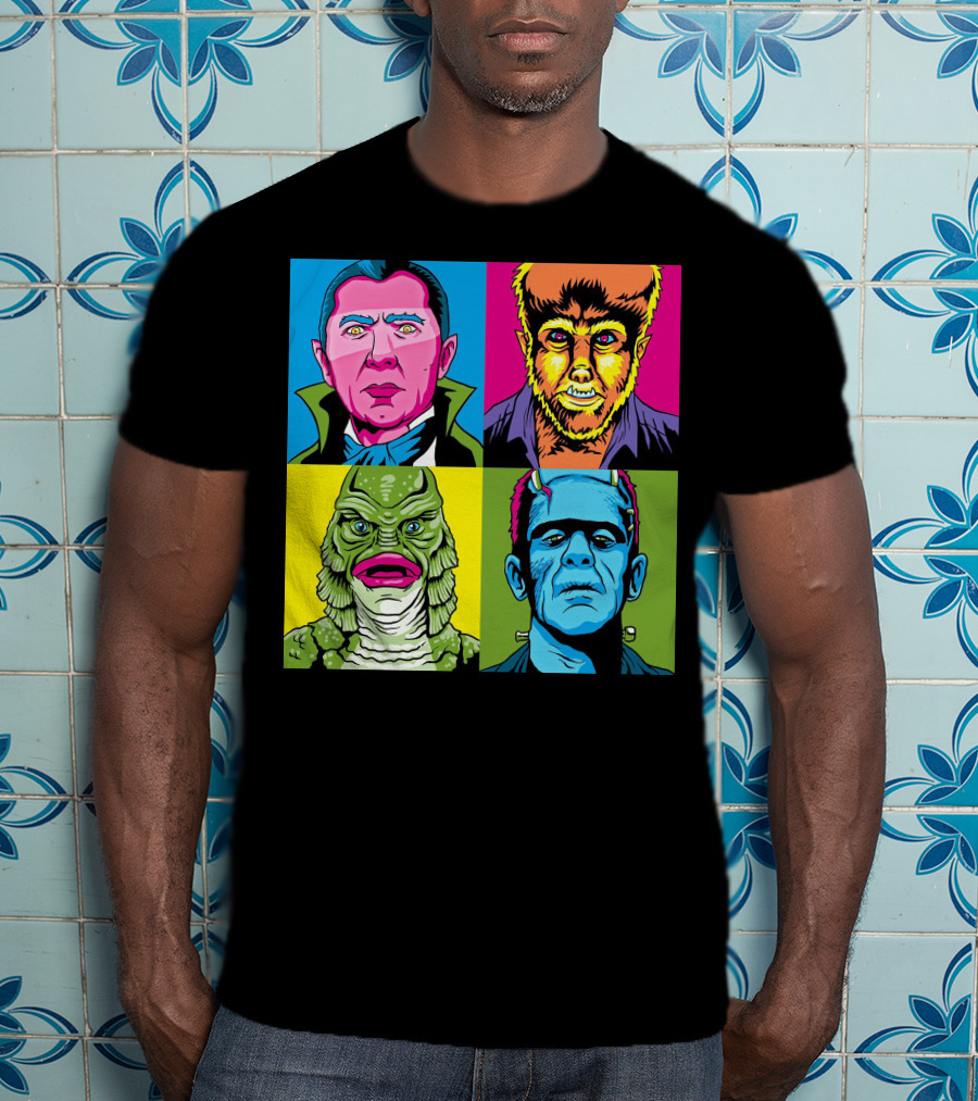 Dracula Frankenstein Wolfman Creature Horror Pop Art Icons T-Shirt