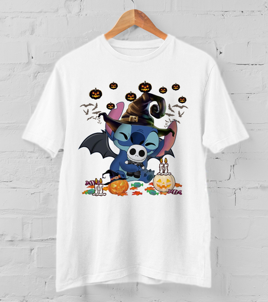 Halloween Stitch Witch With Baby Jack Skellington Surrounded By Pumpkins And Candy T-Shirt