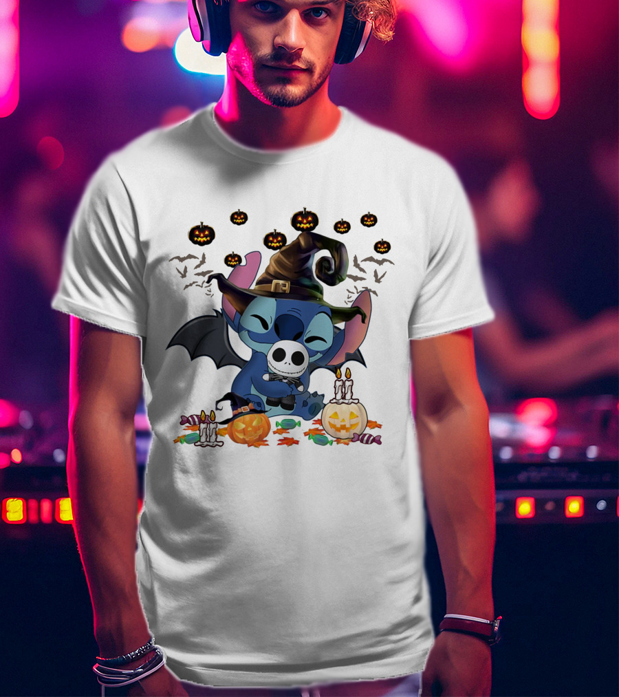 Halloween Stitch Witch With Baby Jack Skellington Surrounded By Pumpkins And Candy T-Shirt