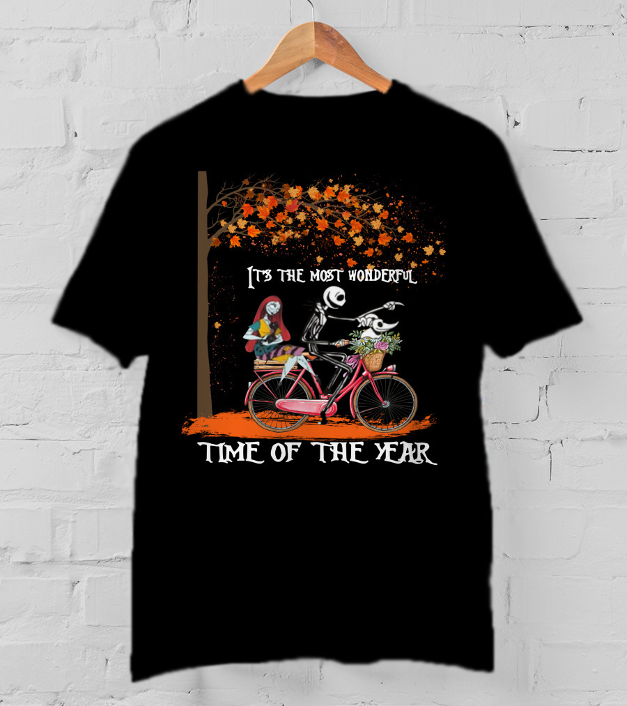 Jack Skellington And Sally On Bicycle Under Autumn Tree It's The Most Wonderful Time Of The Year T-Shirt