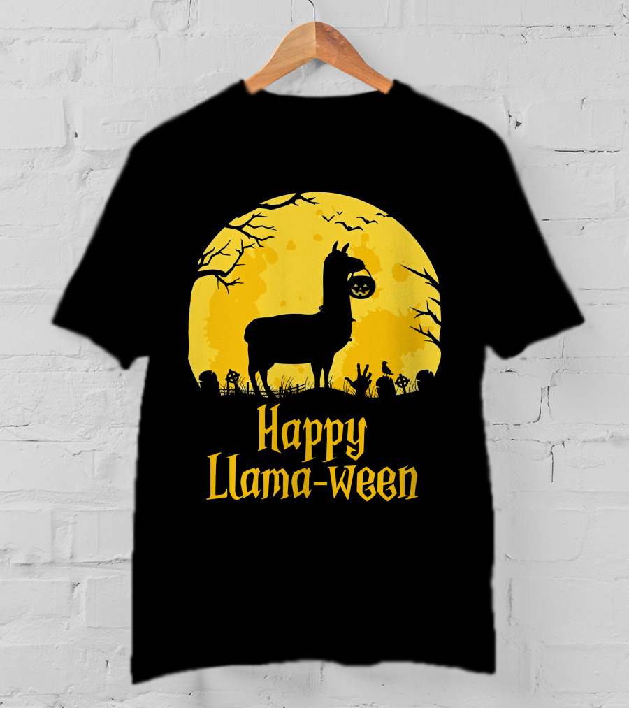 Happy Llamaween Llama Holding Pumpkin Silhouette In Spooky Halloween Scene T-Shirt