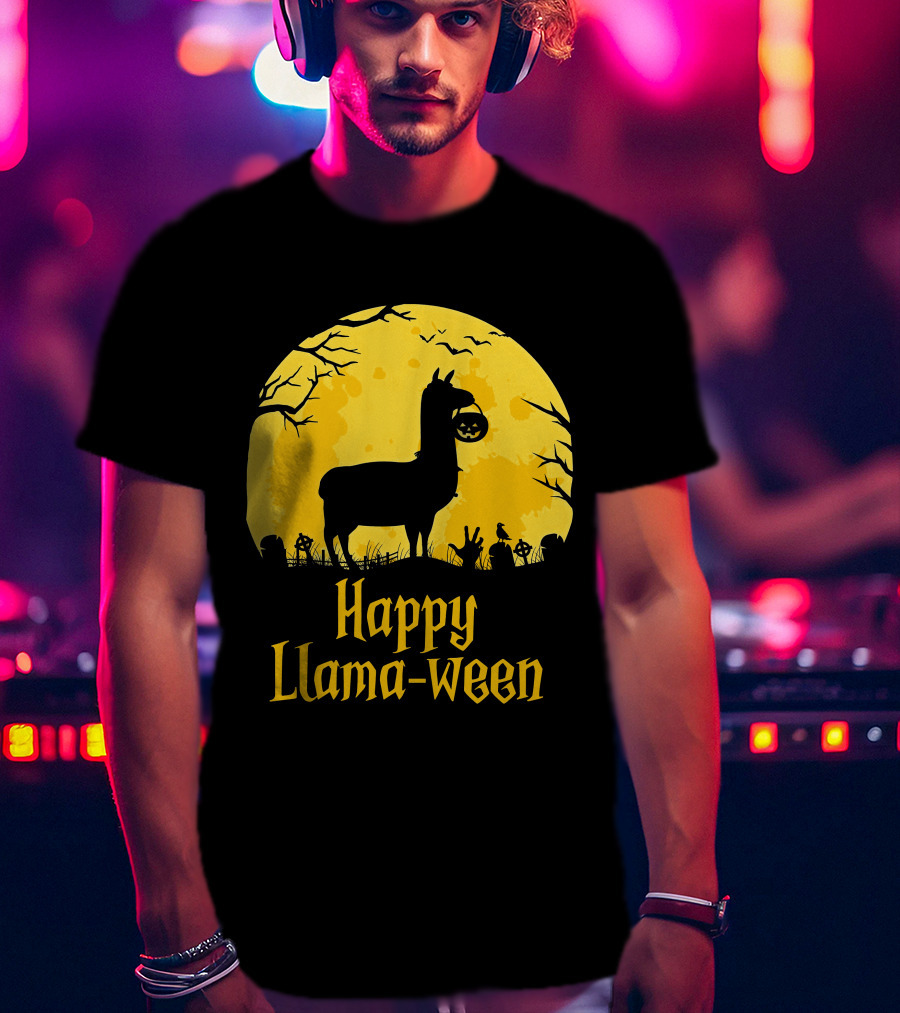 Happy Llamaween Llama Holding Pumpkin Silhouette In Spooky Halloween Scene T-Shirt