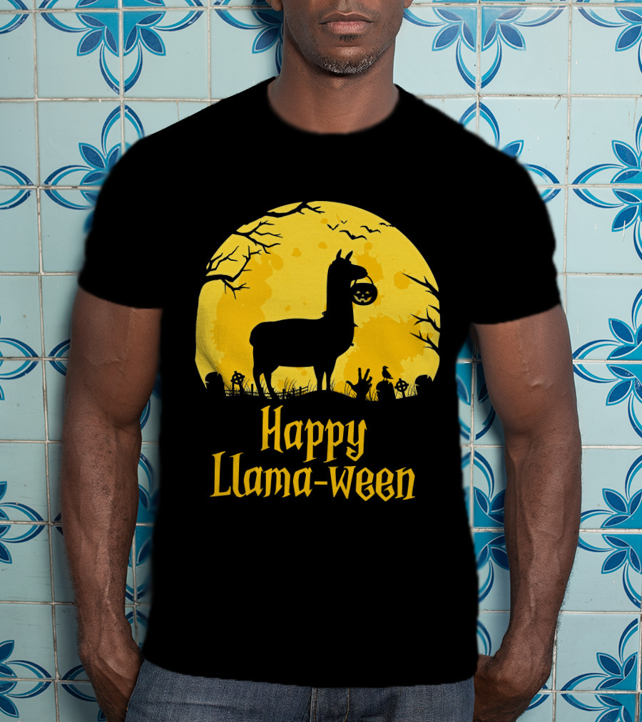 Happy Llamaween Llama Holding Pumpkin Silhouette In Spooky Halloween Scene T-Shirt