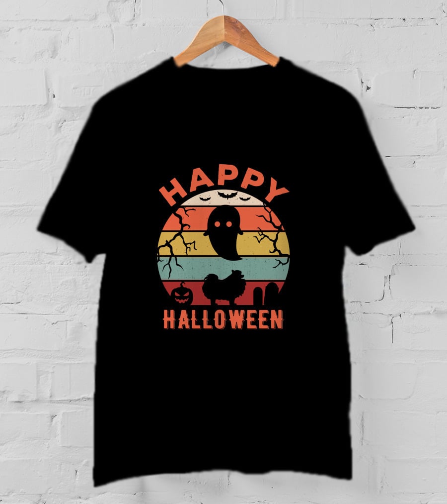 Happy Halloween Pomeranian Ghost And Bats Retro Stripe Moon T-Shirt