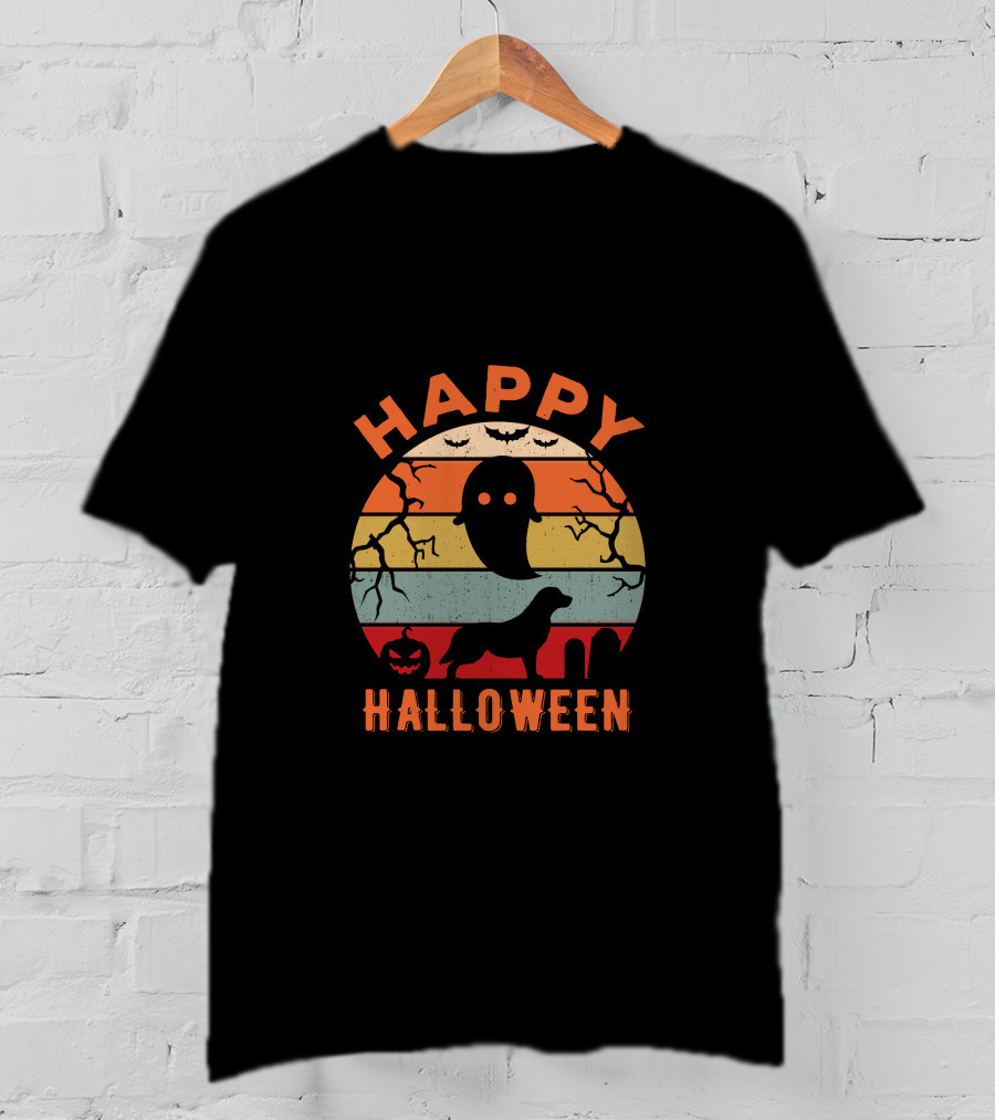 Happy Halloween Retriever Ghost Pumpkin Stripes T-Shirt