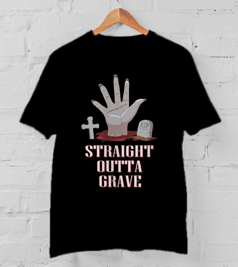 Straight Outta Grave Zombie Hand Tombstone Cross RIP T-Shirt