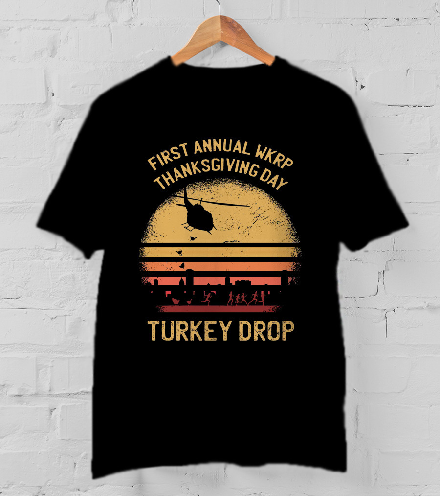 First Annual WKRP Thanksgiving Day Turkey Drop Helicopter Silhouette Vintage Sunset Scene T-Shirt
