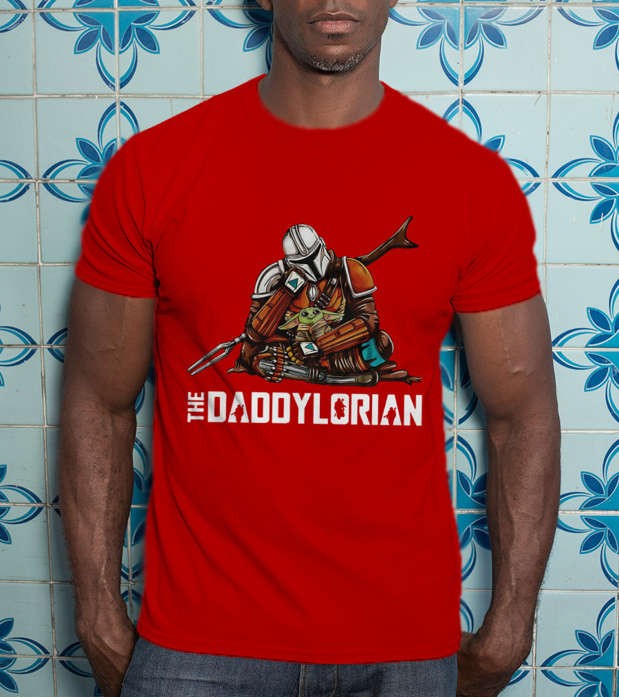 The Daddy Lorian Star Wars Mandalorian With Baby Yoda Grogu Hugging T-Shirt