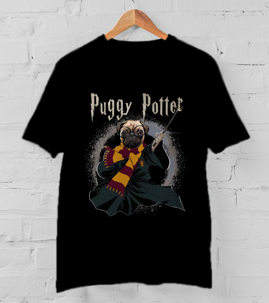 Puggy Potter Magic Wizard With Scarf And Wand T-Shirt