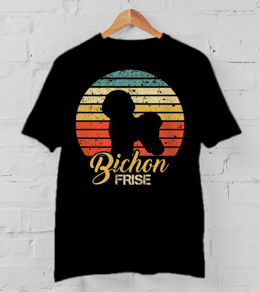 Retro Sunset Silhouette Bichon Frise Stripes T-Shirt