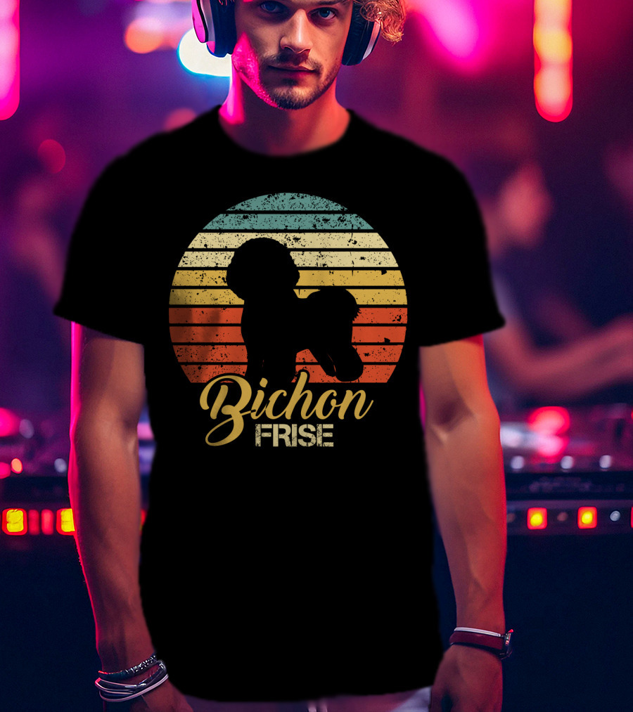 Retro Sunset Silhouette Bichon Frise Stripes T-Shirt