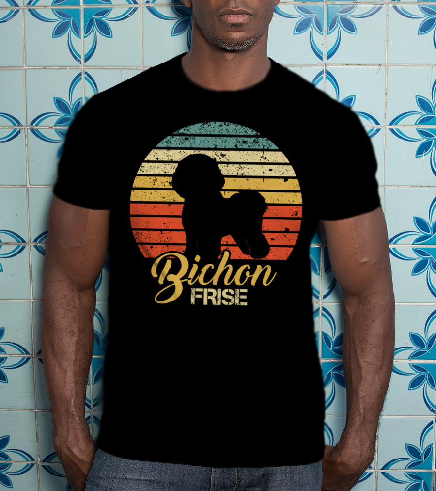Retro Sunset Silhouette Bichon Frise Stripes T-Shirt