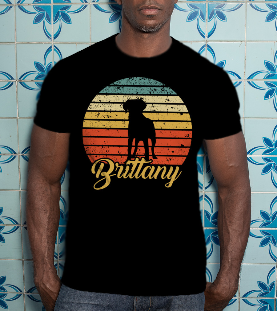 Brittany Spaniel Silhouette Retro Sunset Stripes T-Shirt