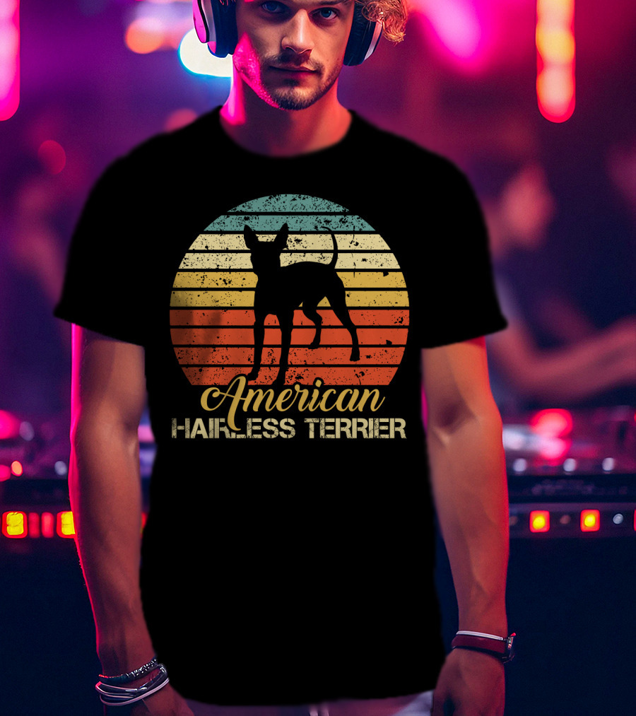 Retro Vintage American Hairless Terrier With Striped Sunset Background T-Shirt