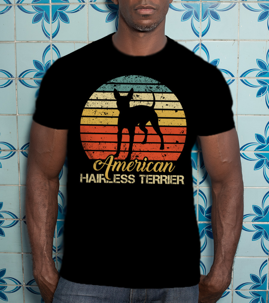 Retro Vintage American Hairless Terrier With Striped Sunset Background T-Shirt