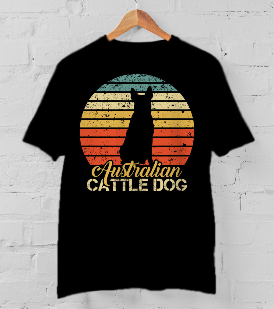 Retro Australian Cattle Dog Silhouette With Vintage Striped Sunset T-Shirt