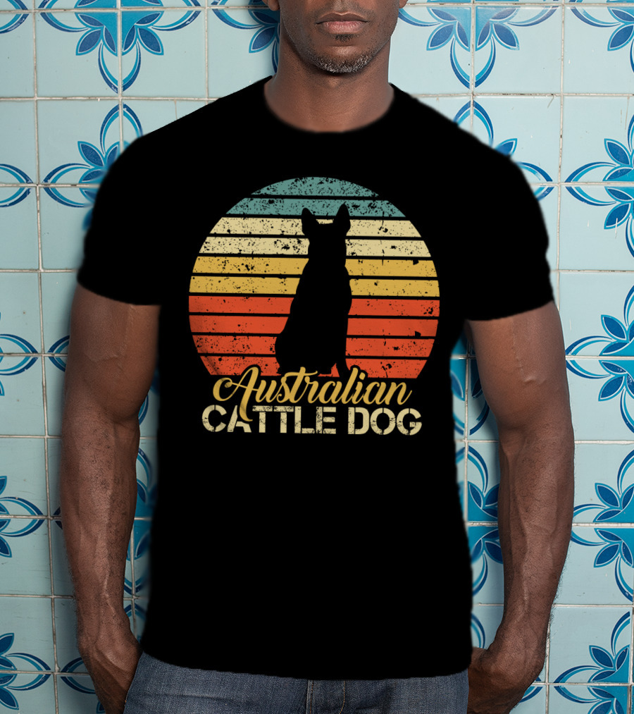 Retro Australian Cattle Dog Silhouette With Vintage Striped Sunset T-Shirt