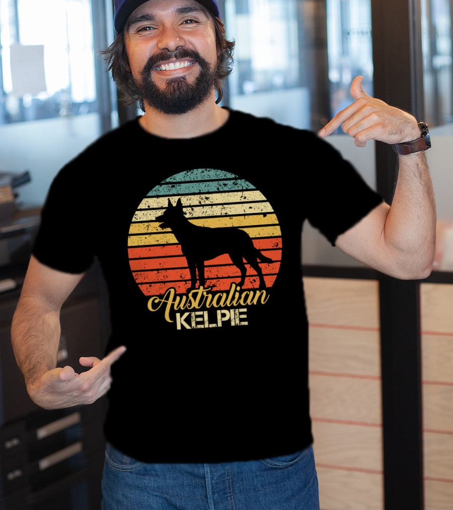 Retro Australian Kelpie Silhouette With Vintage Stripes T-Shirt